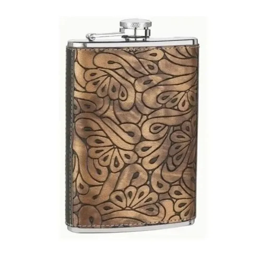 8oz Hip Flask Embossed Brown Paisley Faux Leather Stainless Steel Pocket Gift